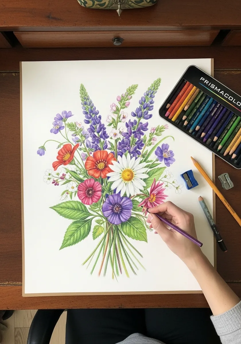 Detailed colored pencil bouquet with poppies, daisies and purple spikes