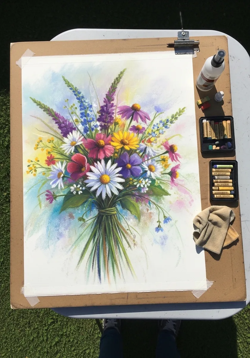 Vivid watercolor bouquet in purple and yellow painted outdoors on grass