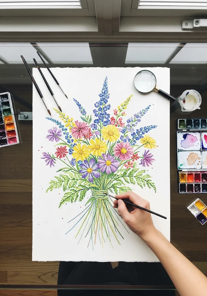 Wildflower bouquet drawn in ink then colored with pencil, magnifier nearby