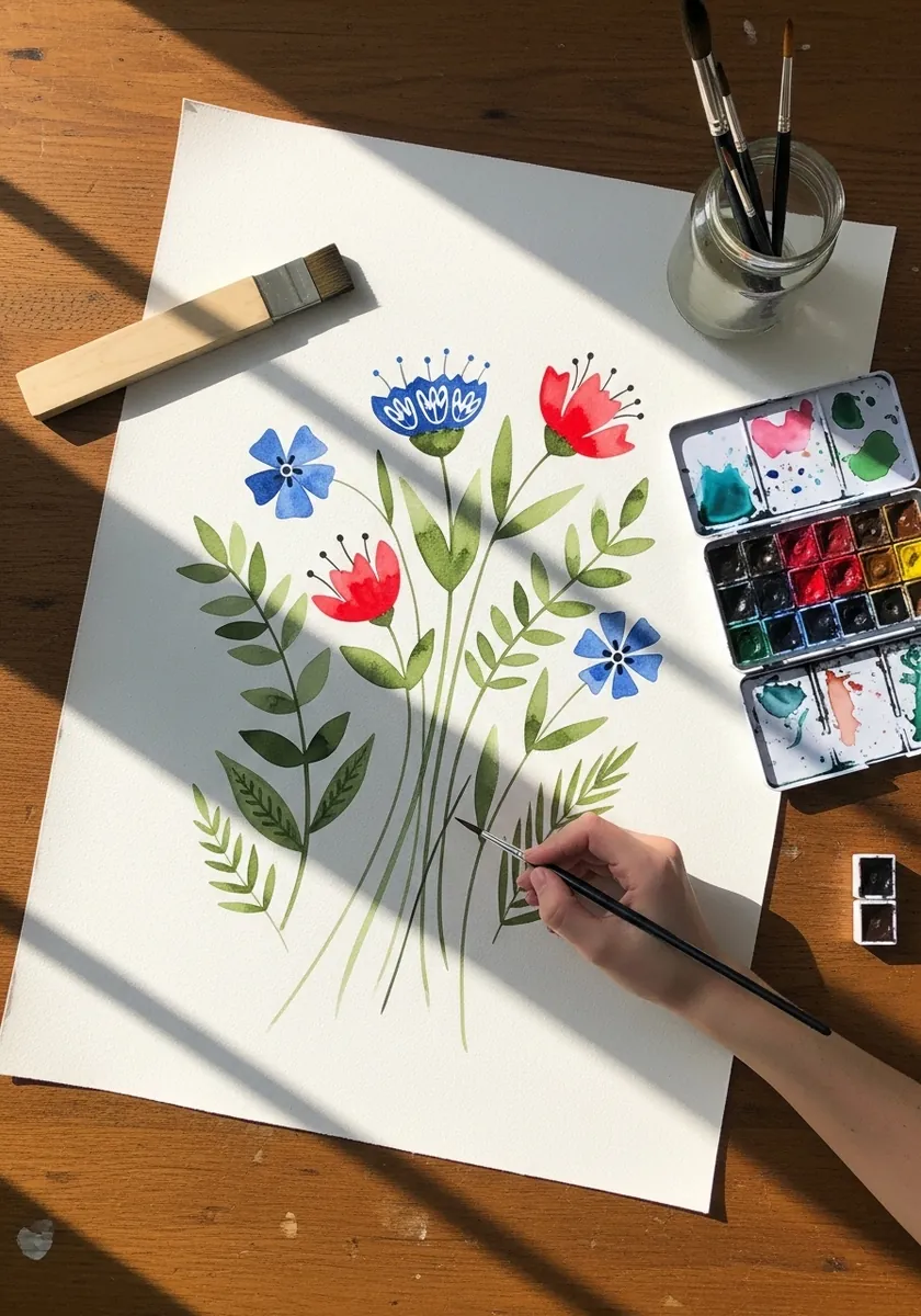 Simple flat botanical style bouquet in blue, red and green with clean shapes