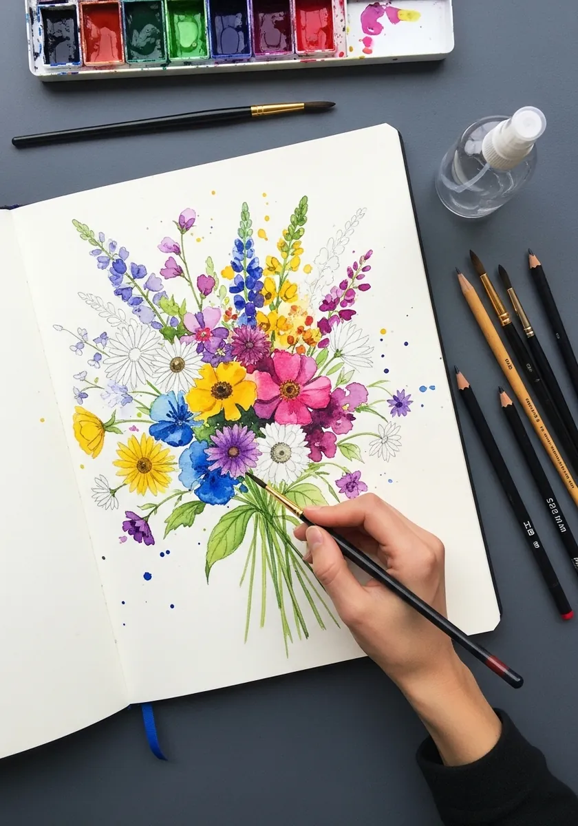 Colorful watercolor wildflower bouquet painted in an open sketchbook