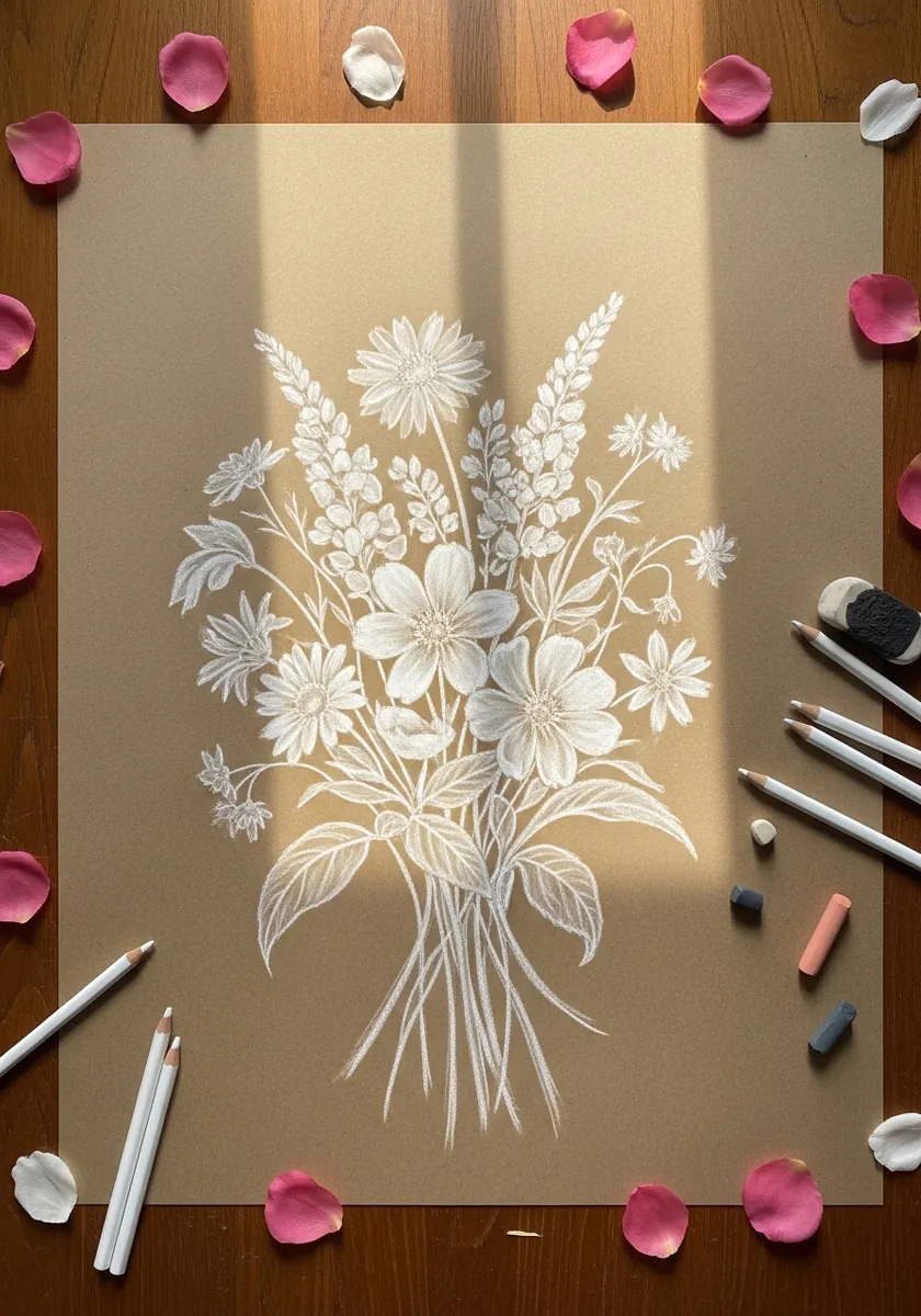Delicate white line bouquet drawn on tan paper with pink petals scattered around