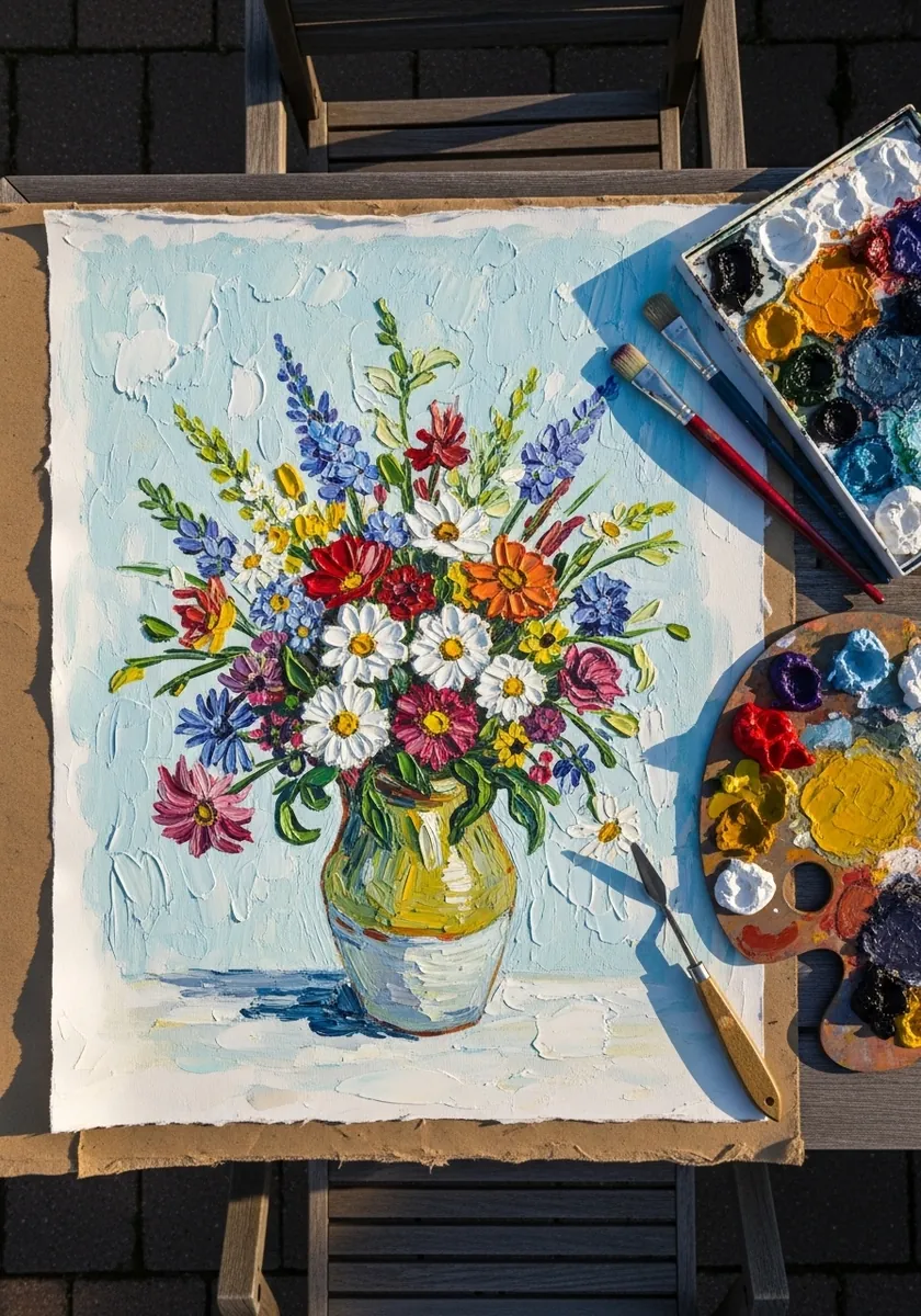 Thickly painted impasto bouquet of wildflowers in a vase on textured board
