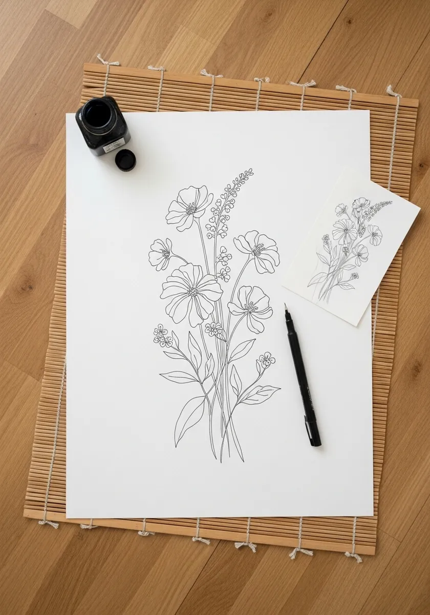Very simple pencil outline of a wildflower bouquet with a reference sketch nearby