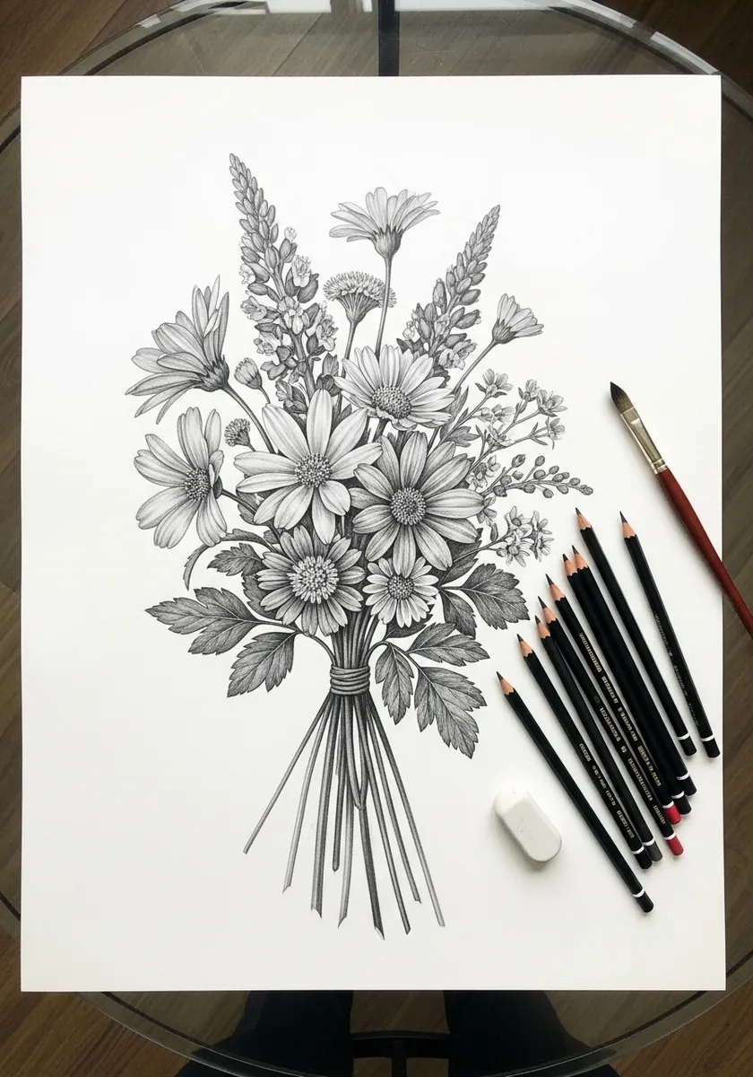 Highly detailed graphite bouquet with dense shading and varied flower textures
