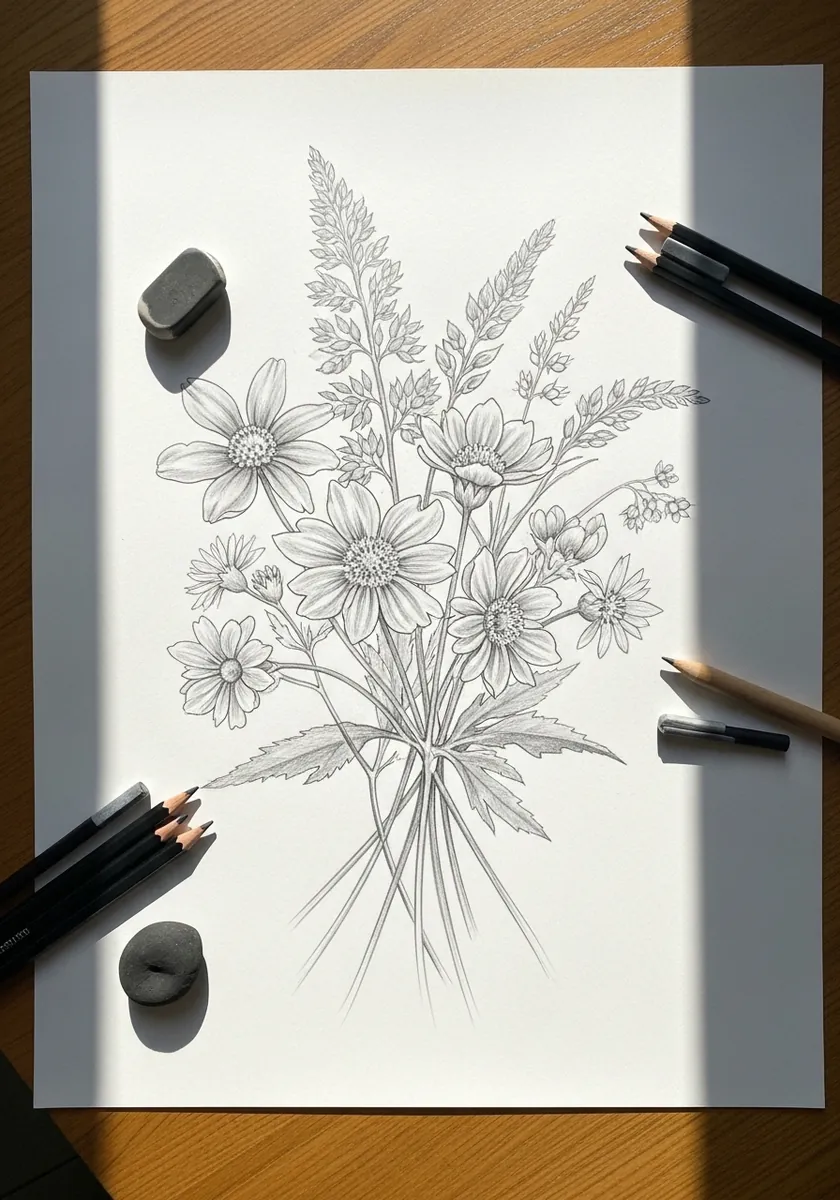 Light pencil line drawing of a wildflower bouquet with no shading