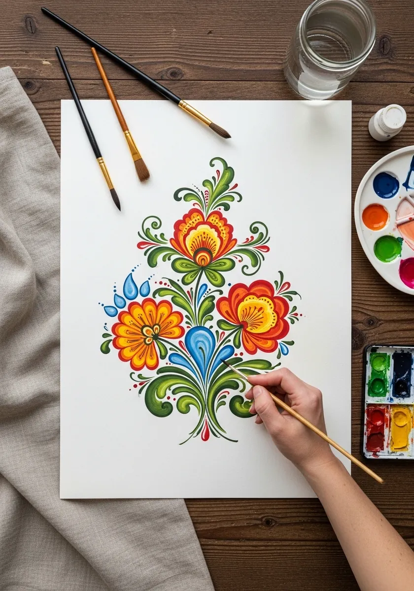 Symmetrical folk art bouquet in bright orange, blue and green with curling leaves