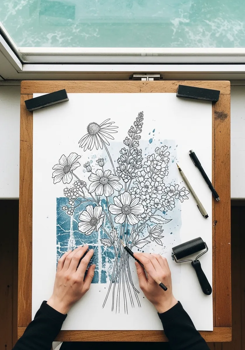 Bouquet printed in deep cyanotype blue with white silhouette flowers