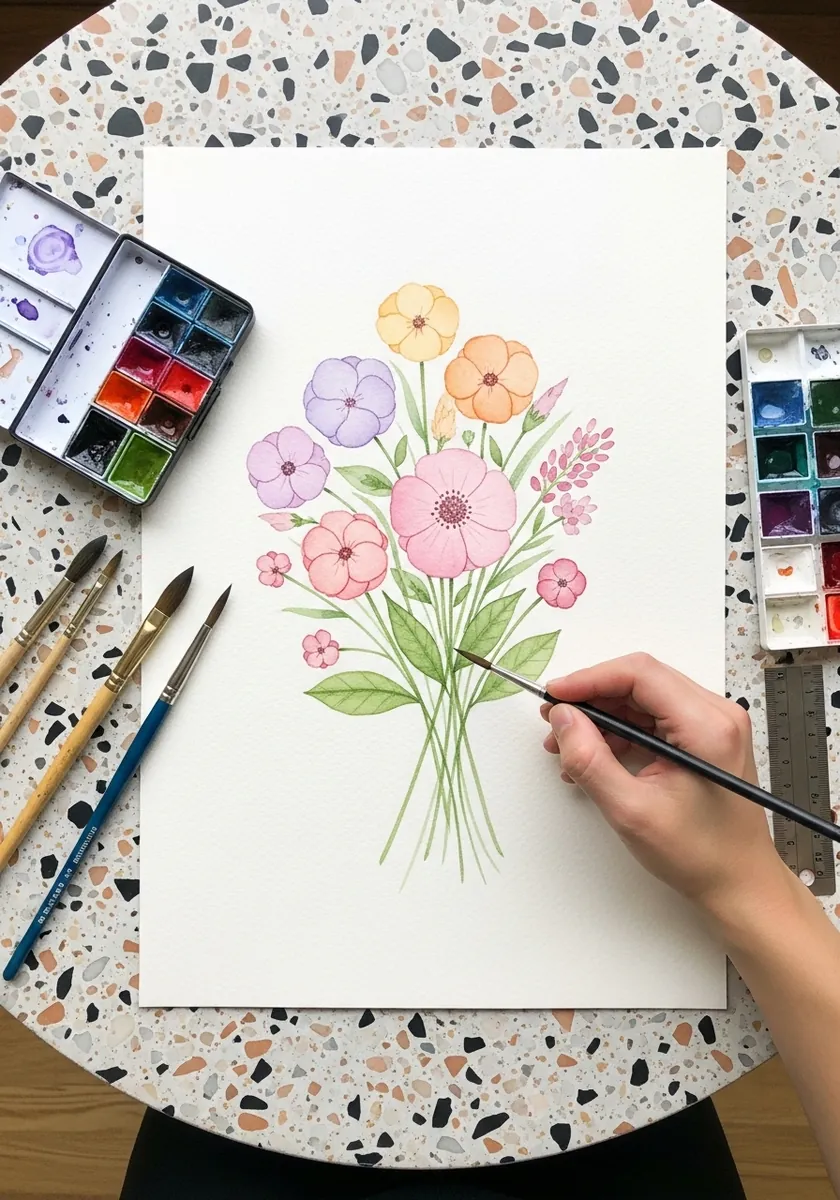 Gentle pastel pink and lilac watercolor bouquet with pale green stems