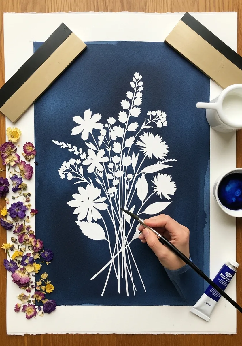White silhouette bouquet painted on deep navy paper with pressed flowers around