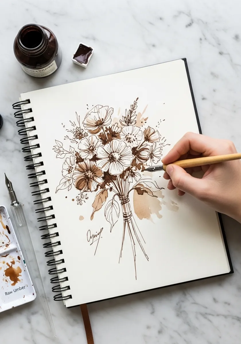 Sepia and brown ink bouquet drawn in a spiral bound notebook