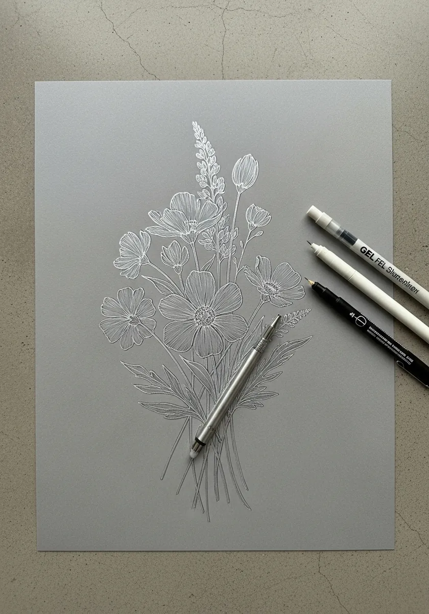 Fine white pencil bouquet drawn on a mid gray toned sheet
