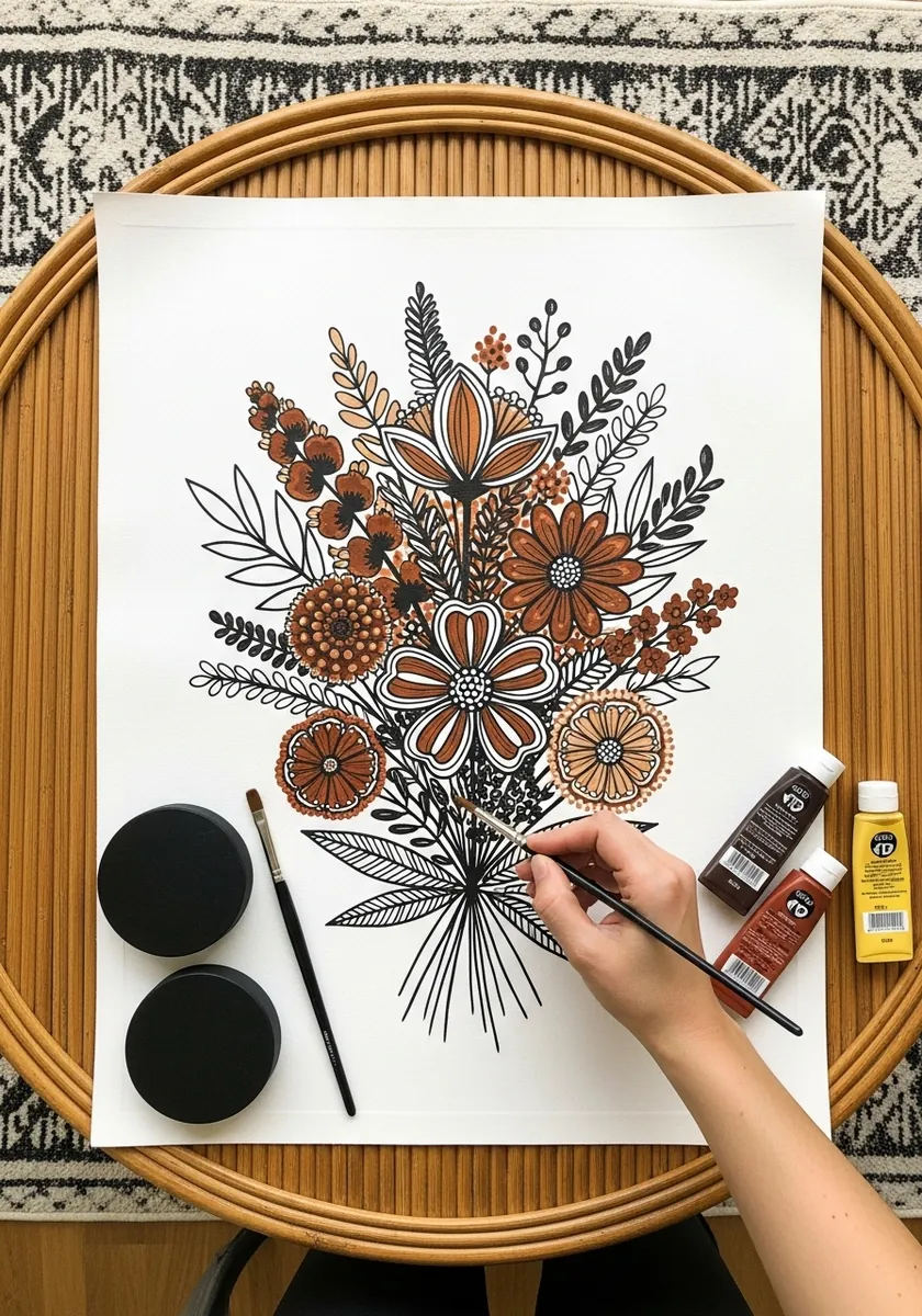 Detailed rust and brown ink bouquet arranged in a rounded circular shape