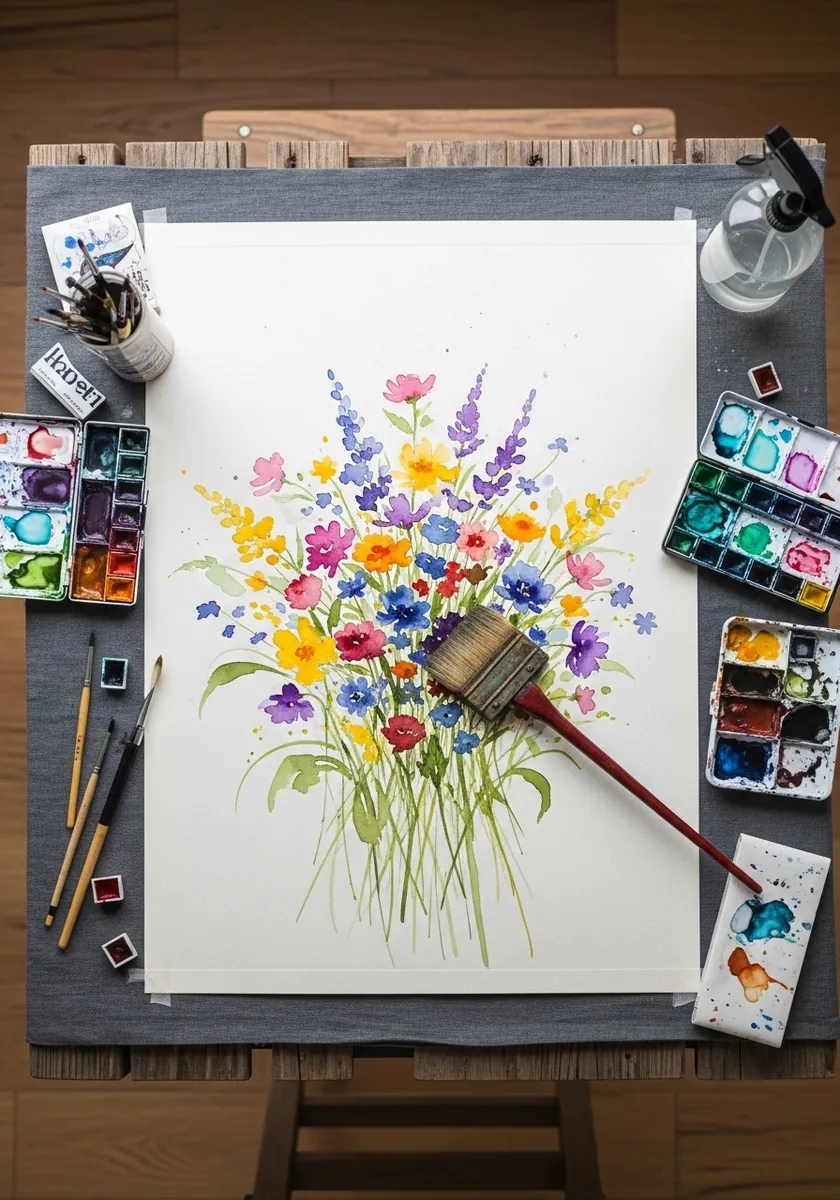 Bright watercolor bouquet with many different flower colors and green foliage