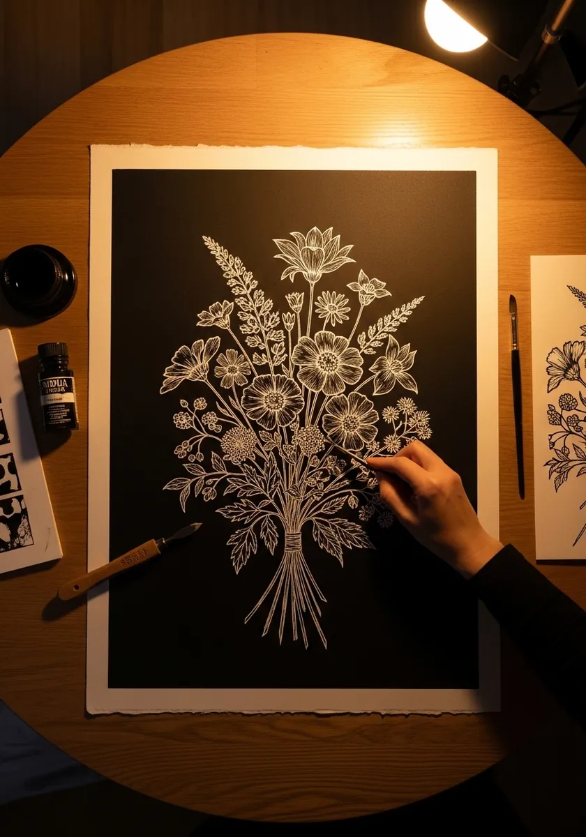 Ornate gold and cream line bouquet drawn on black paper under warm light