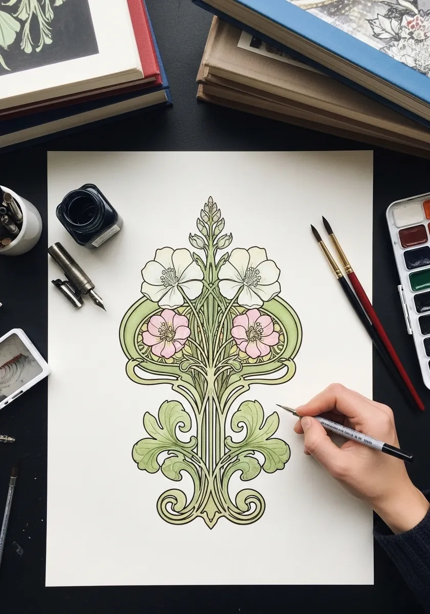 Symmetrical art nouveau bouquet with flowing green scrollwork and pale flowers