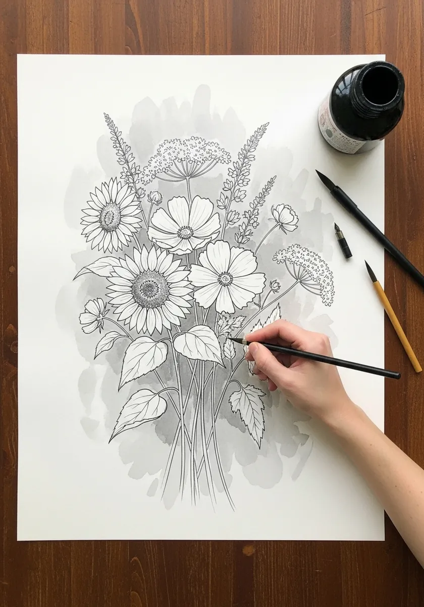 Detailed ink bouquet with a soft gray watercolor wash behind it