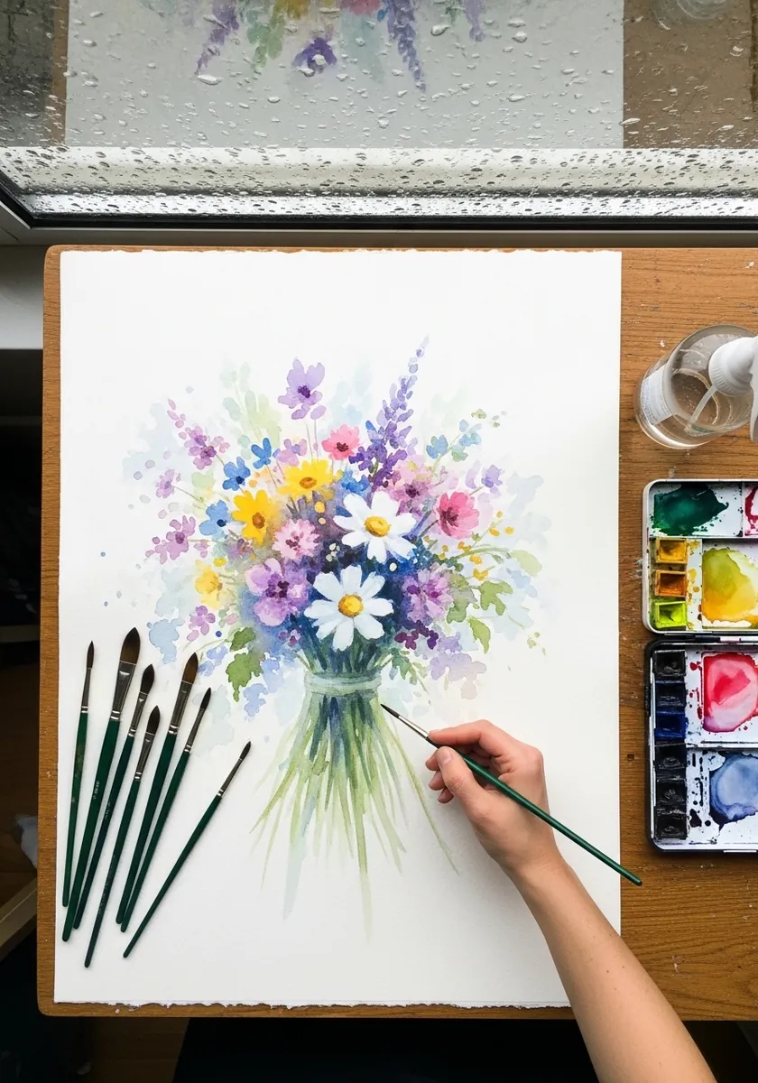 Loose watercolor bouquet with soft colors and paint drips running down the page
