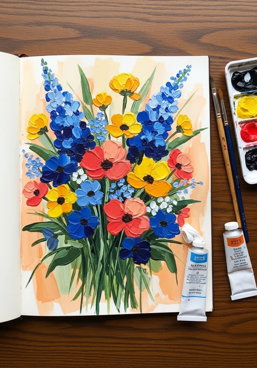 Bright gouache bouquet in blue, yellow and red on a warm peach background