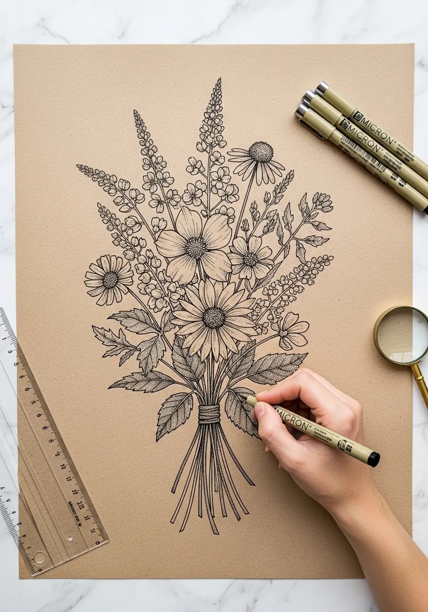 Detailed fine ink wildflower bouquet drawn on warm brown kraft paper