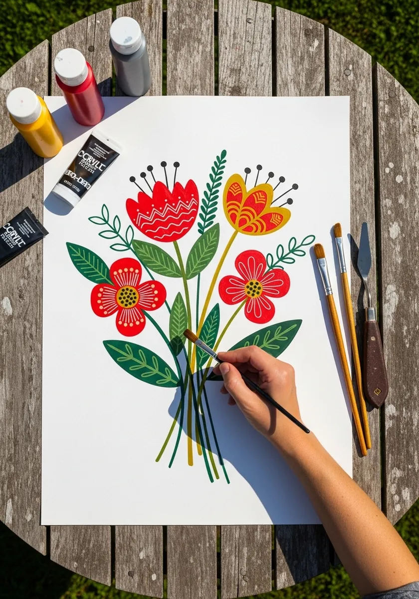 Flat folk art bouquet in bold red and orange with simple stylized petals