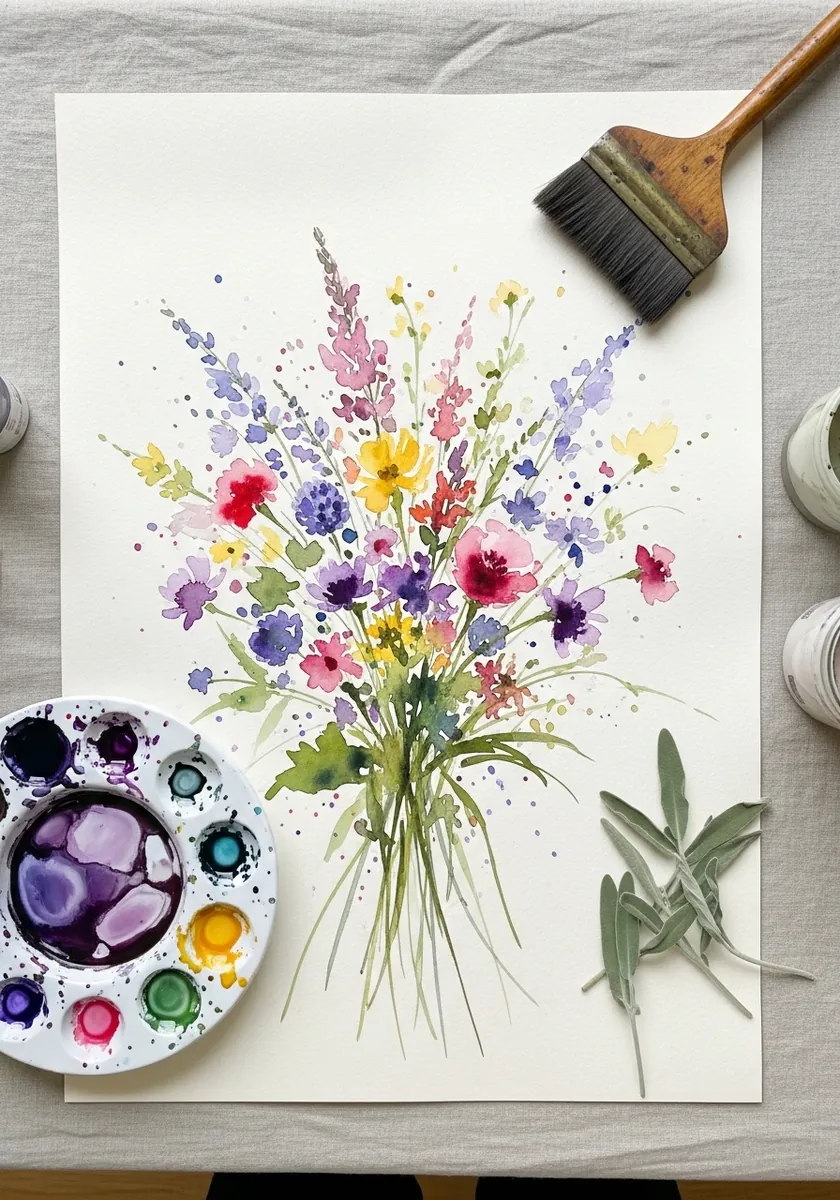 Loose pastel watercolor bouquet with soft blurred edges and scattered spatter