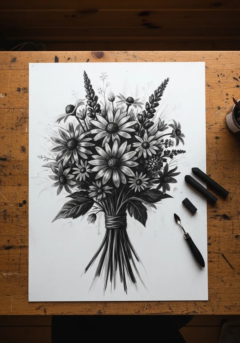 Dramatic dense black ink drawing of a packed wildflower bouquet
