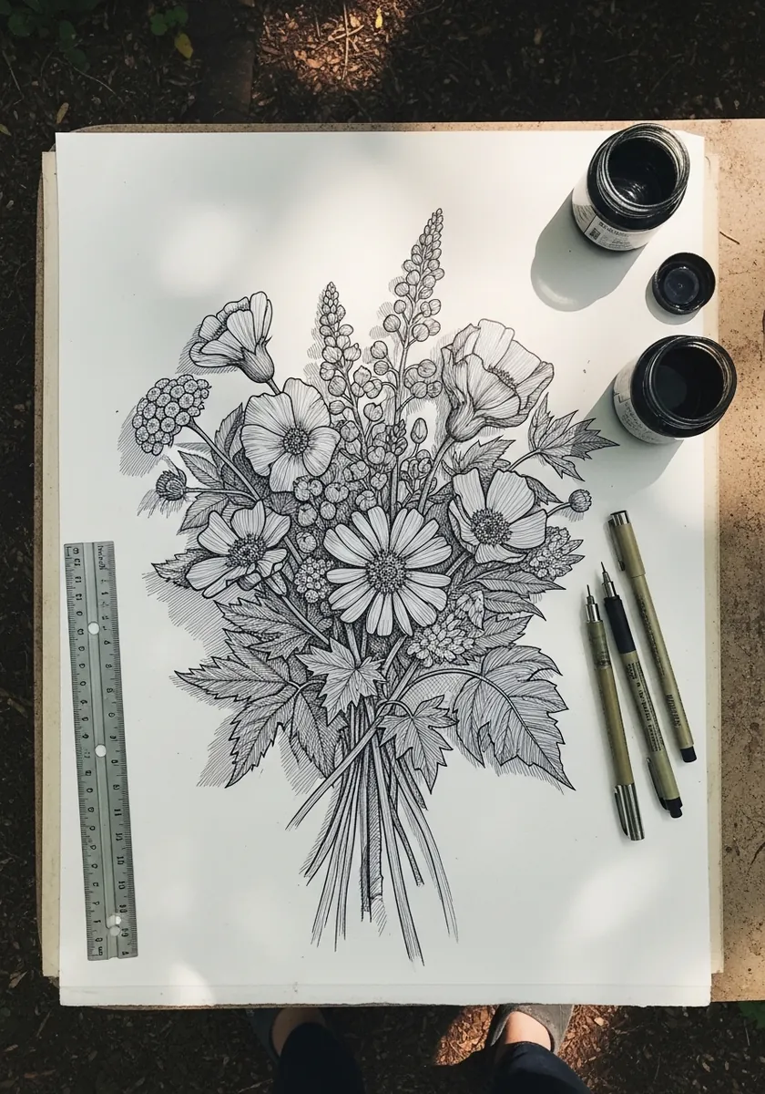 Carefully shaded graphite wildflower bouquet on a dark wooden table